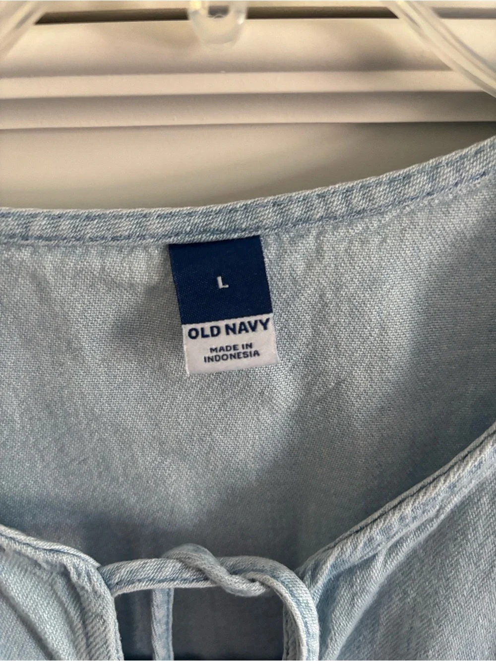 Old Navy Light Blue denim Tie-Front Peasant Top